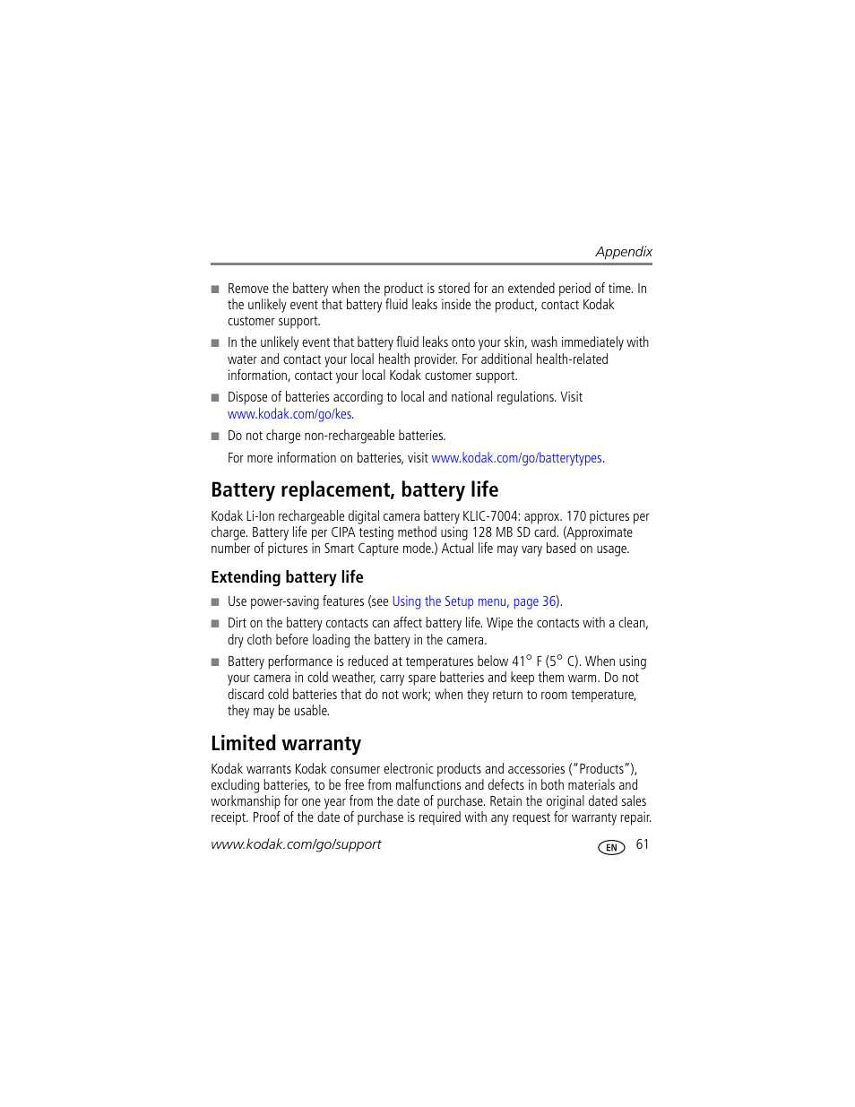 Battery replacement, battery life, Extending battery life, Limited warranty | Battery replacement, battery life limited warranty | Kodak V1073 User Manual | Page 67 / 78