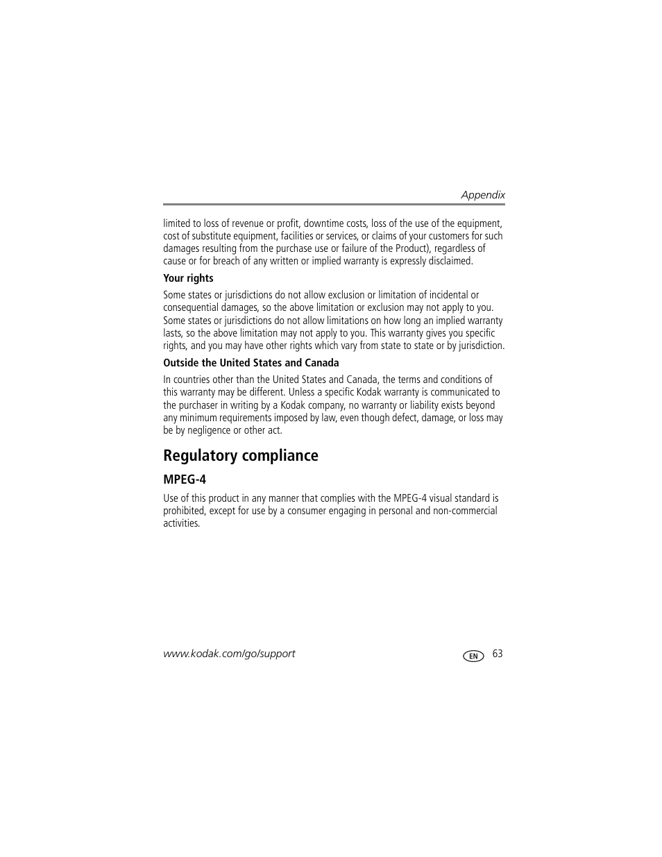Regulatory compliance, Mpeg-4 | Kodak V1073 User Manual | Page 69 / 78