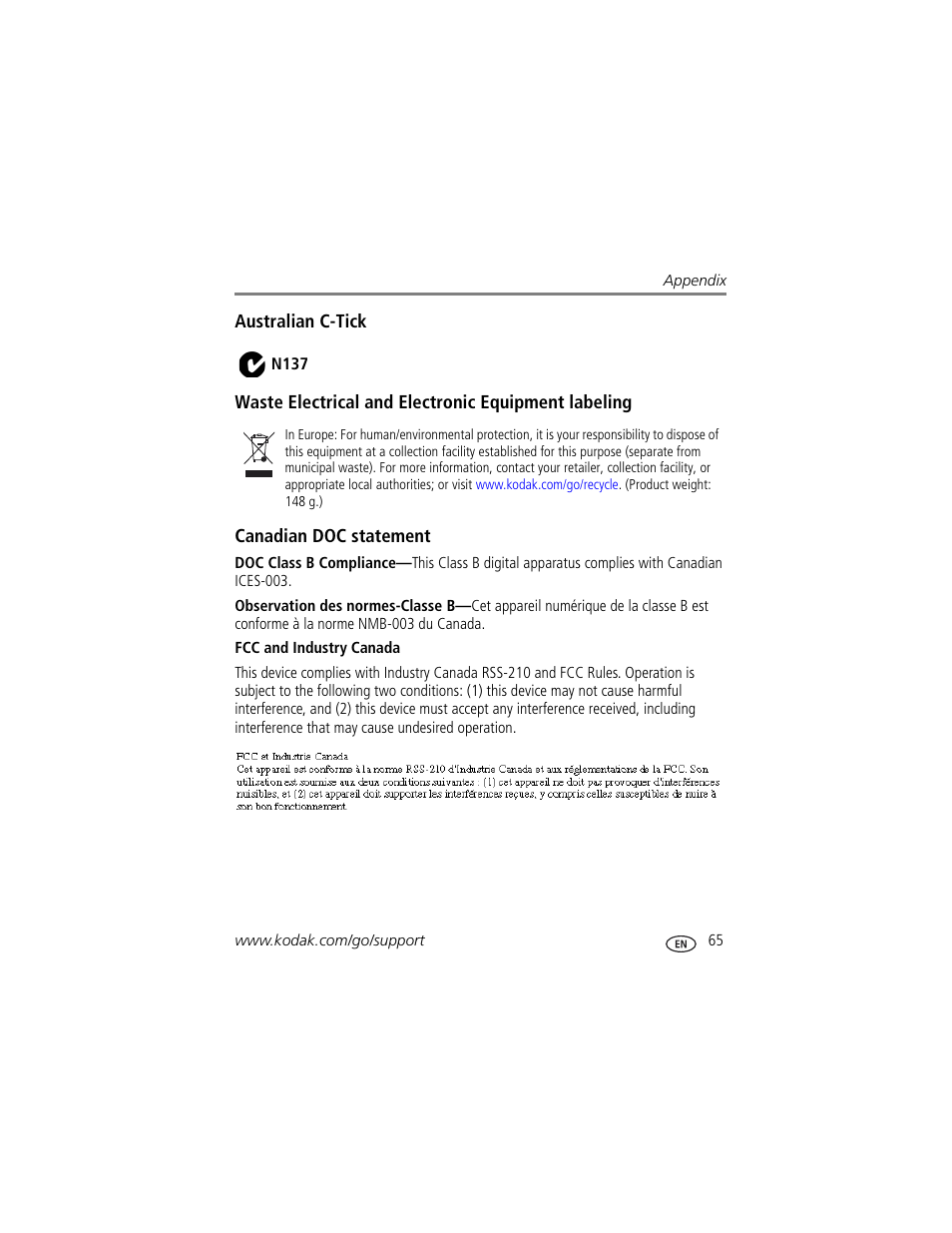 Australian c-tick, Waste electrical and electronic equipment labeling, Canadian doc statement | Fcc and industry canada | Kodak V1073 User Manual | Page 71 / 78