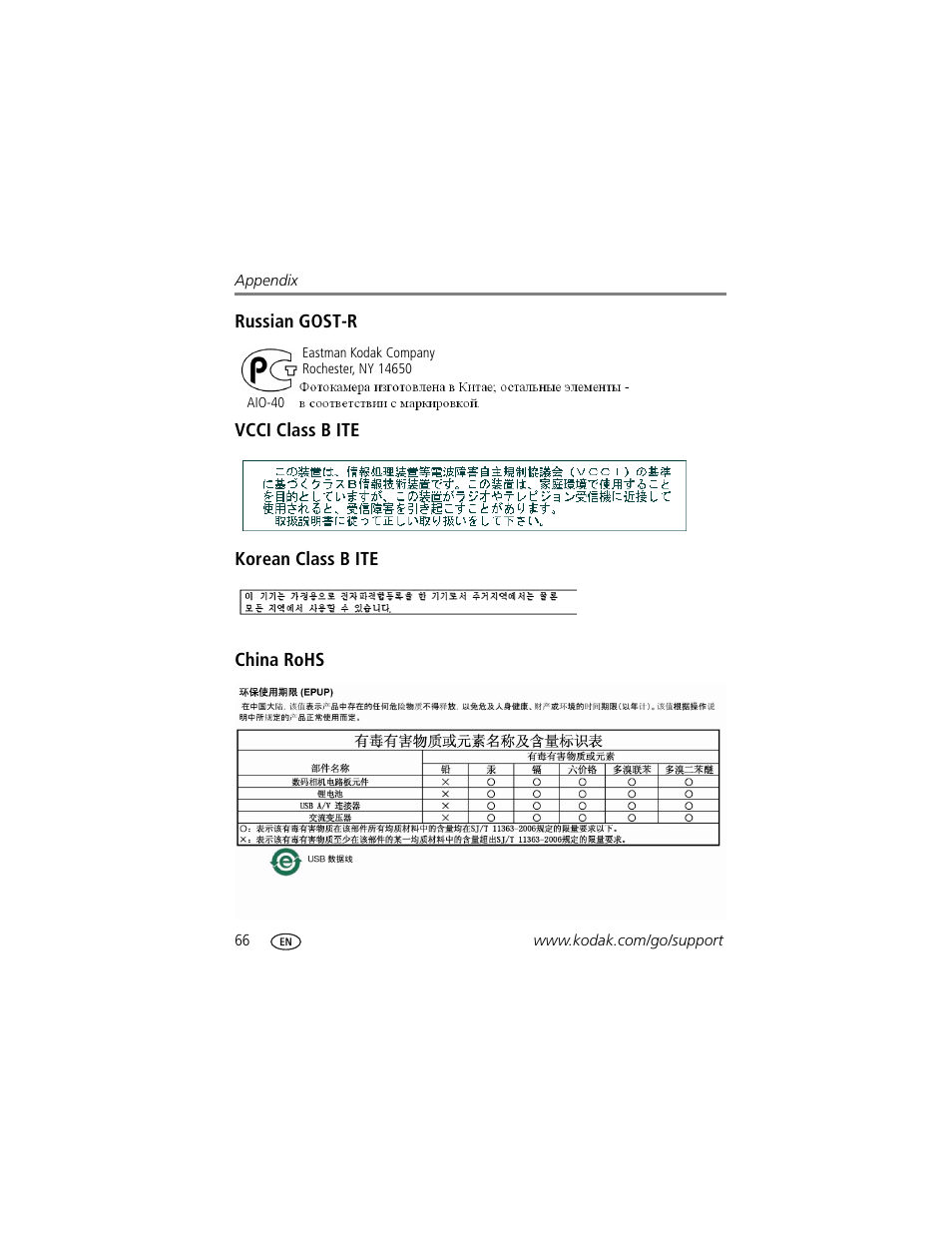 Russian gost-r, Vcci class b ite, Korean class b ite | China rohs | Kodak V1073 User Manual | Page 72 / 78