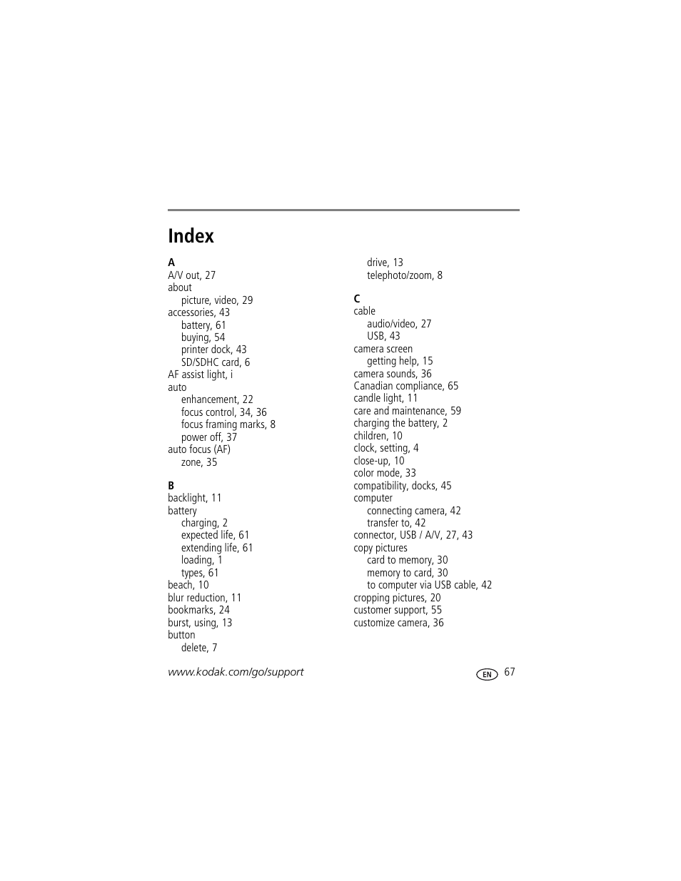 Index | Kodak V1073 User Manual | Page 73 / 78