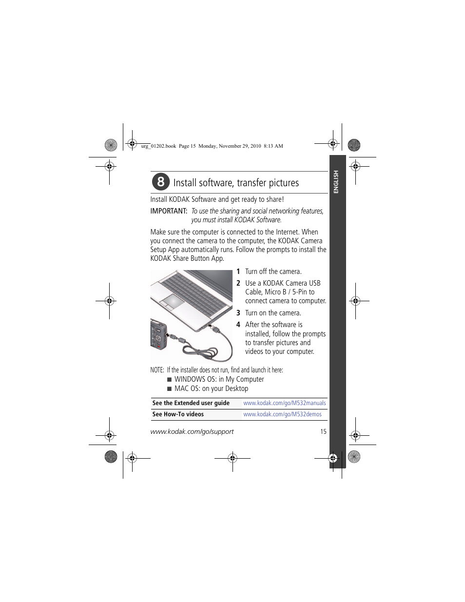 Install software, transfer pictures | Kodak M532 User Manual | Page 15 / 26