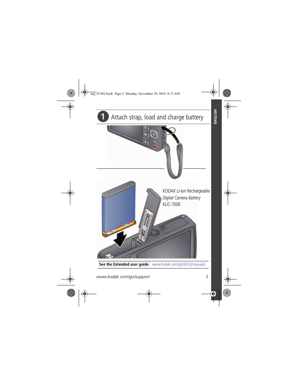 Get started, Attach strap, load and charge battery | Kodak M532 User Manual | Page 3 / 26