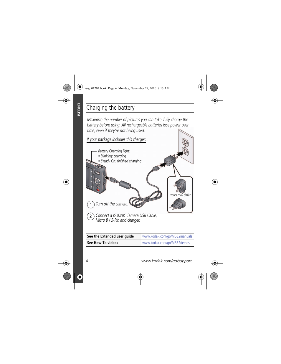 Charging the battery | Kodak M532 User Manual | Page 4 / 26