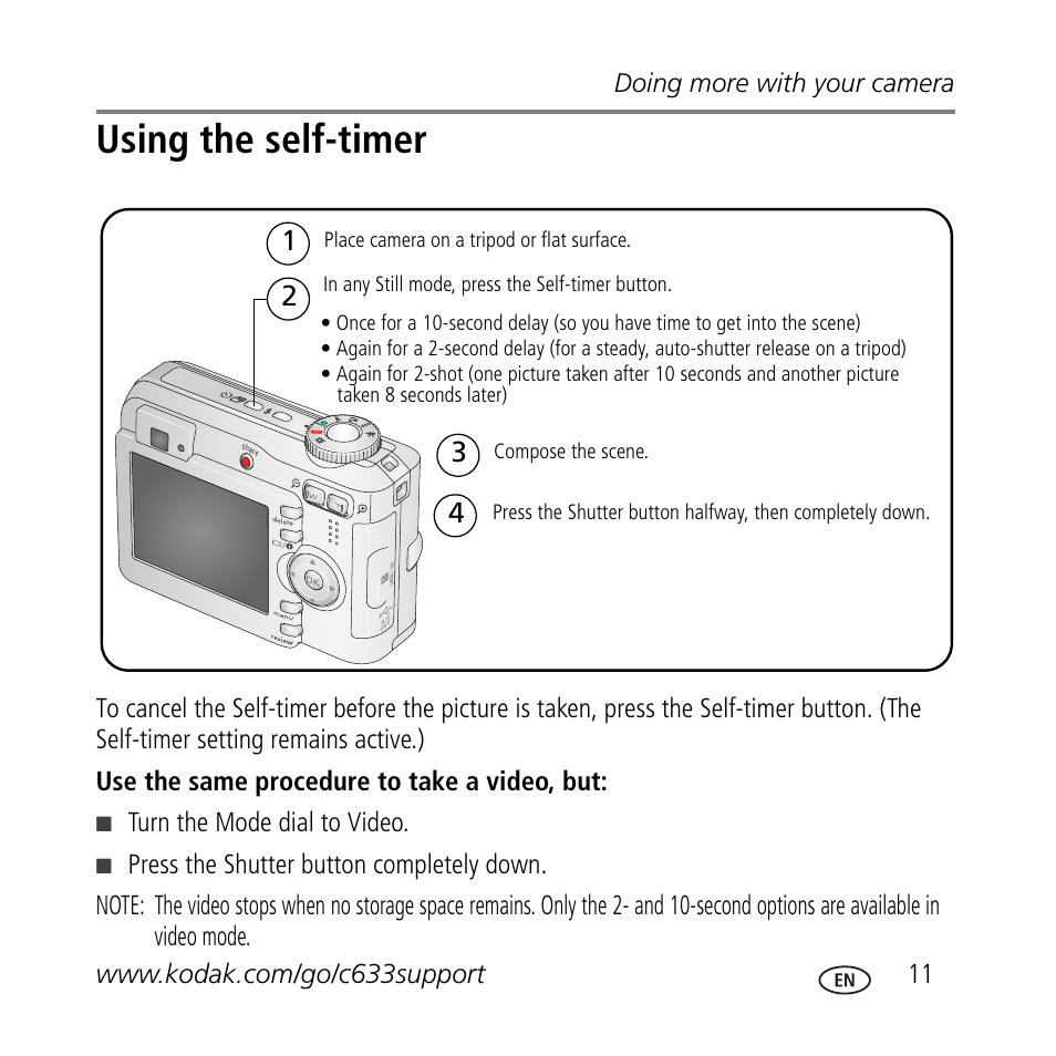 Using the self-timer | Kodak C633 User Manual | Page 11 / 25