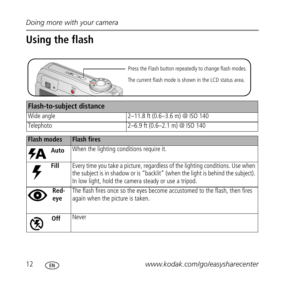 Using the flash | Kodak C633 User Manual | Page 12 / 25