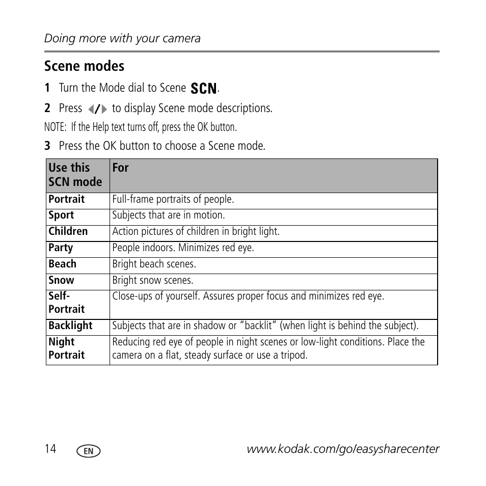 Scene modes | Kodak C633 User Manual | Page 14 / 25