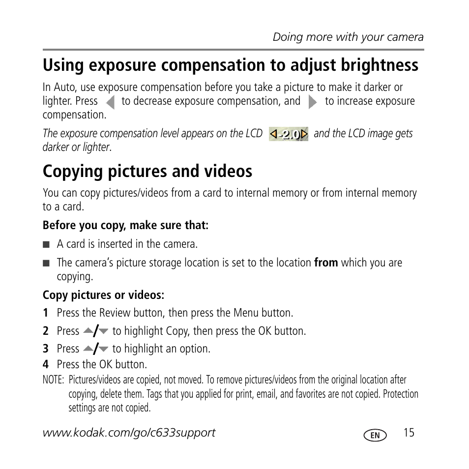 Using exposure compensation to adjust brightness, Copying pictures and videos | Kodak C633 User Manual | Page 15 / 25