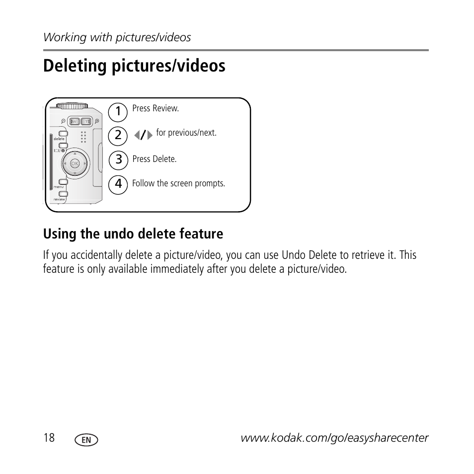 Deleting pictures/videos, Using the undo delete feature | Kodak C633 User Manual | Page 18 / 25