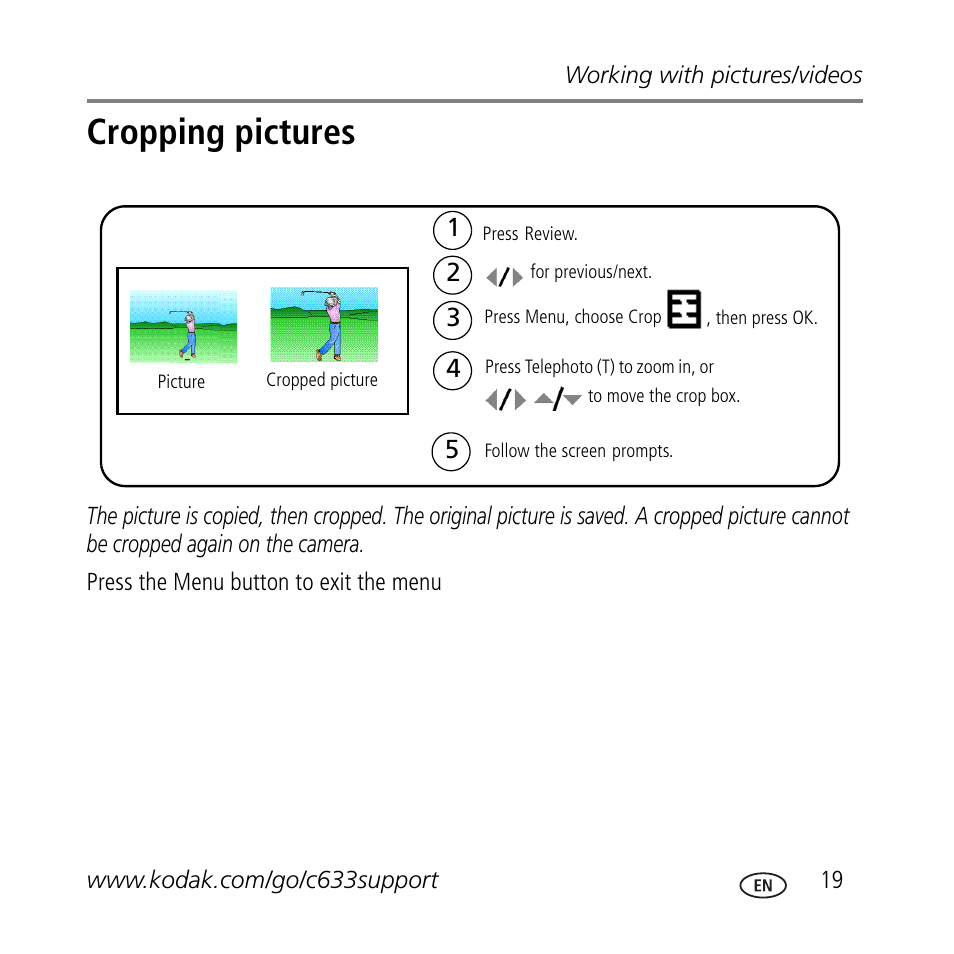 Cropping pictures | Kodak C633 User Manual | Page 19 / 25