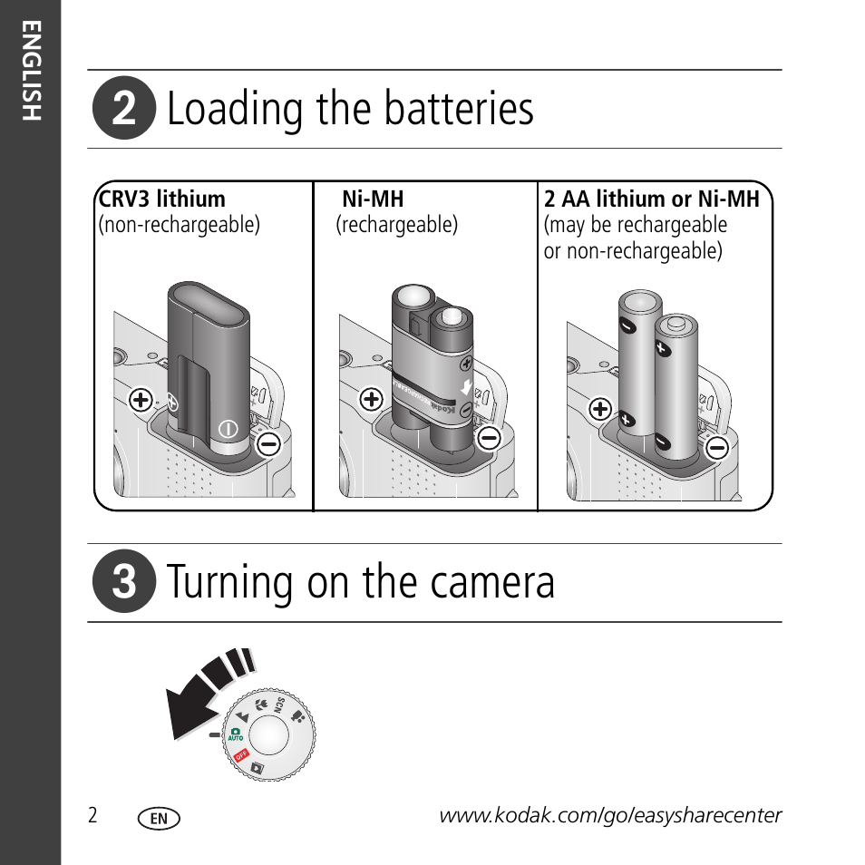 Loading the batteries, Turning on the camera | Kodak C633 User Manual | Page 2 / 25