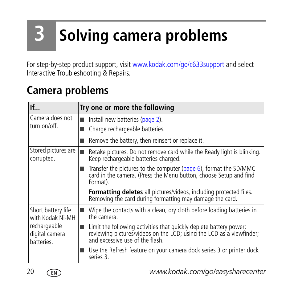 Solving camera problems, Camera problems | Kodak C633 User Manual | Page 20 / 25