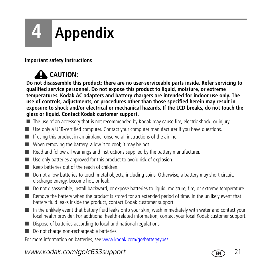 Appendix | Kodak C633 User Manual | Page 21 / 25