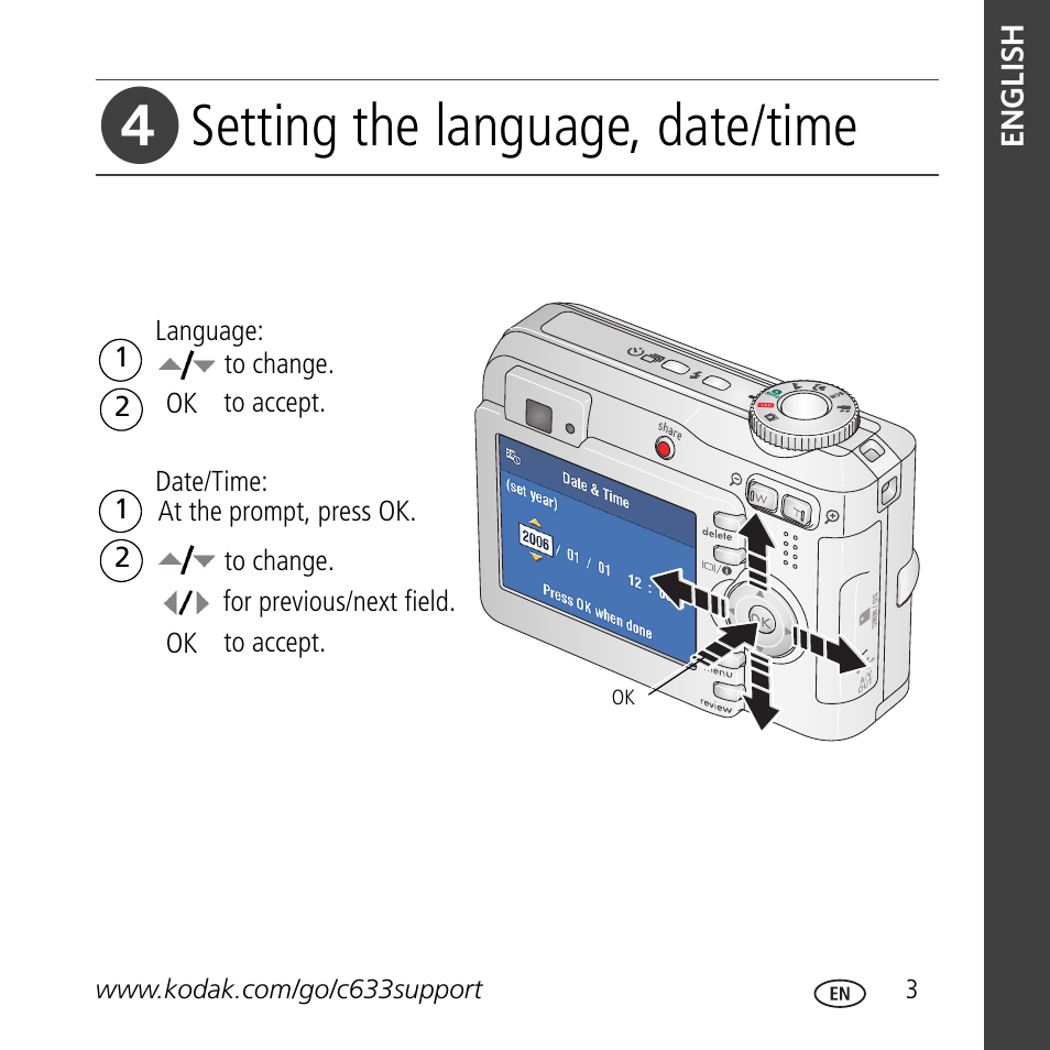 Setting the language, date/time | Kodak C633 User Manual | Page 3 / 25