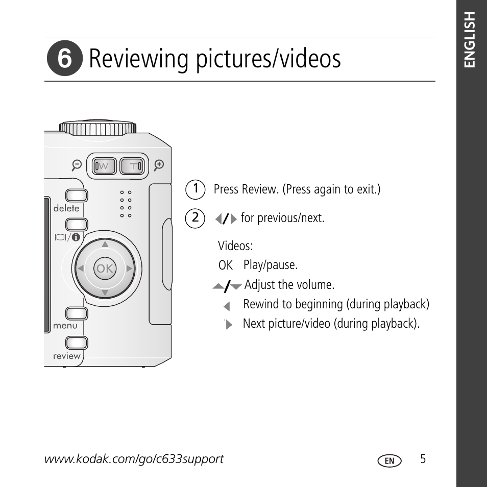Reviewing pictures/videos | Kodak C633 User Manual | Page 5 / 25