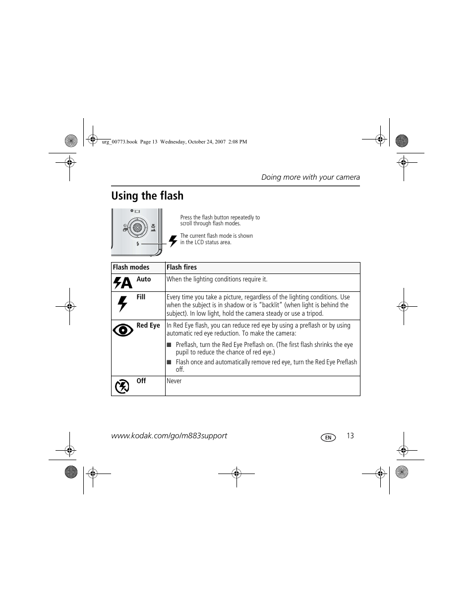 Using the flash | Kodak M883 User Manual | Page 13 / 27