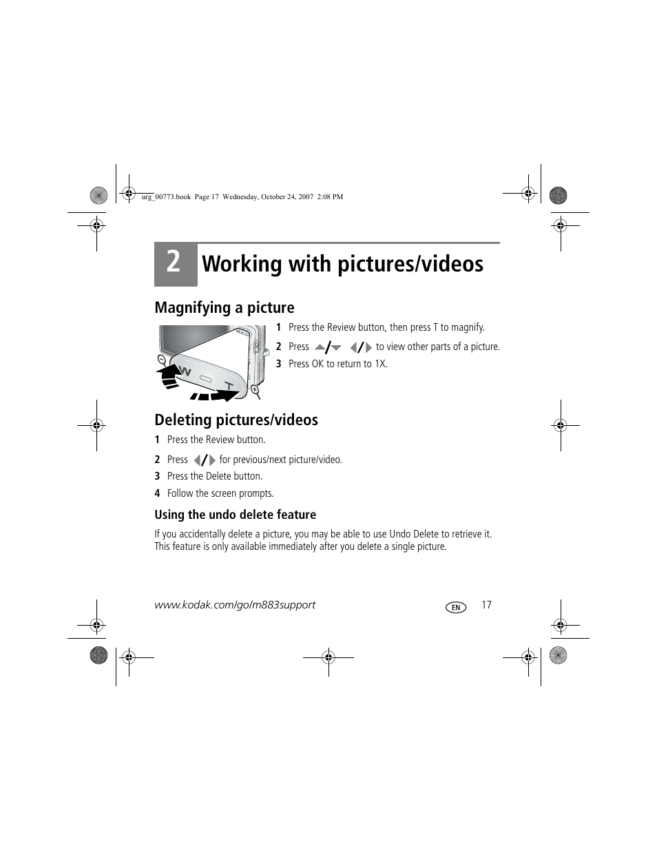 Working with pictures/videos, Magnifying a picture, Deleting pictures/videos | Kodak M883 User Manual | Page 17 / 27