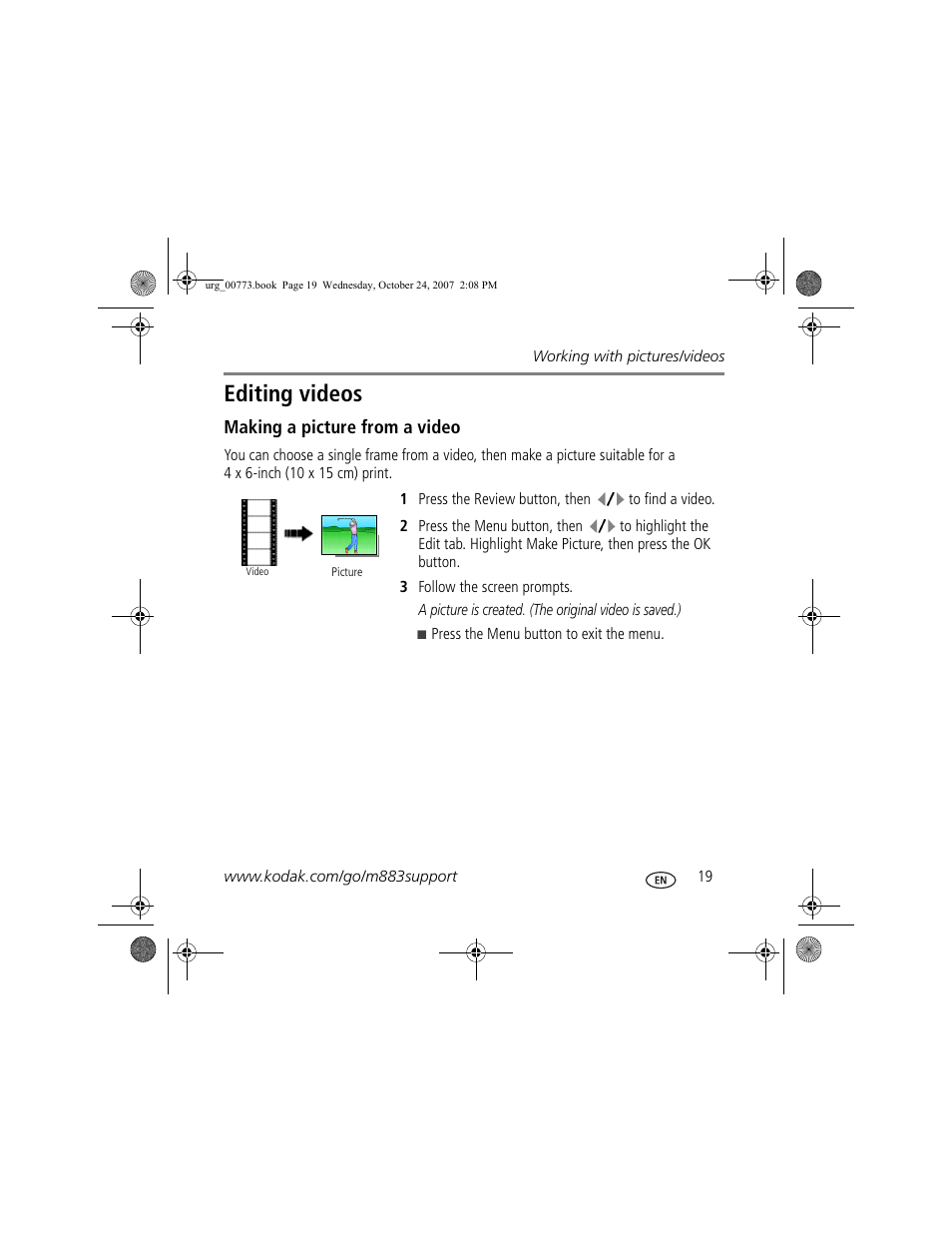 Editing videos | Kodak M883 User Manual | Page 19 / 27