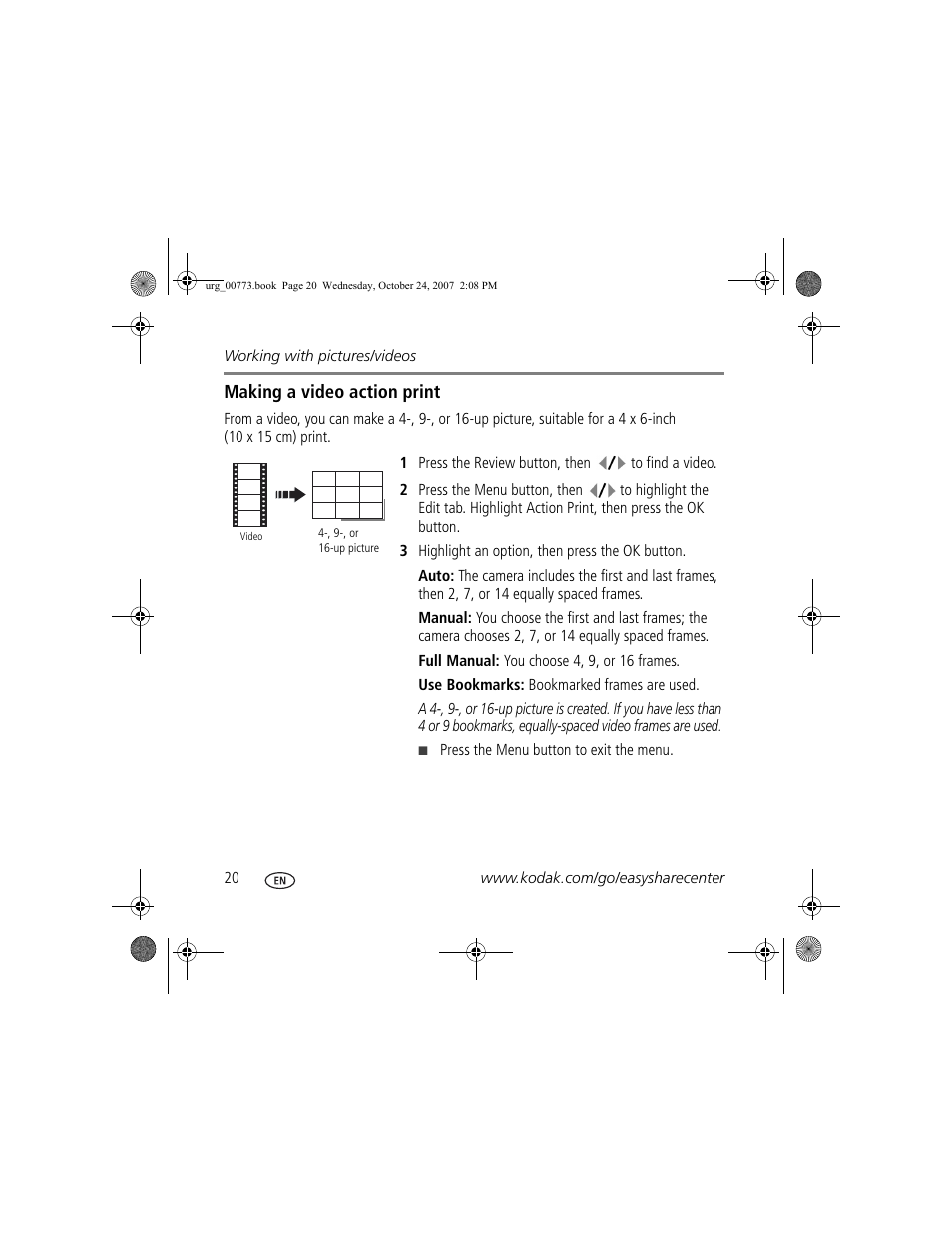 Making a video action print | Kodak M883 User Manual | Page 20 / 27