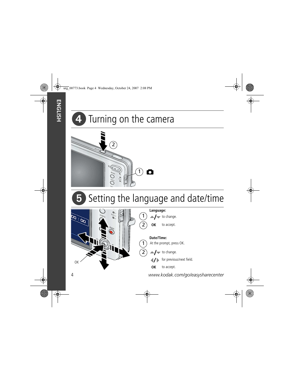 Turning on the camera, Setting the language and date/time | Kodak M883 User Manual | Page 4 / 27