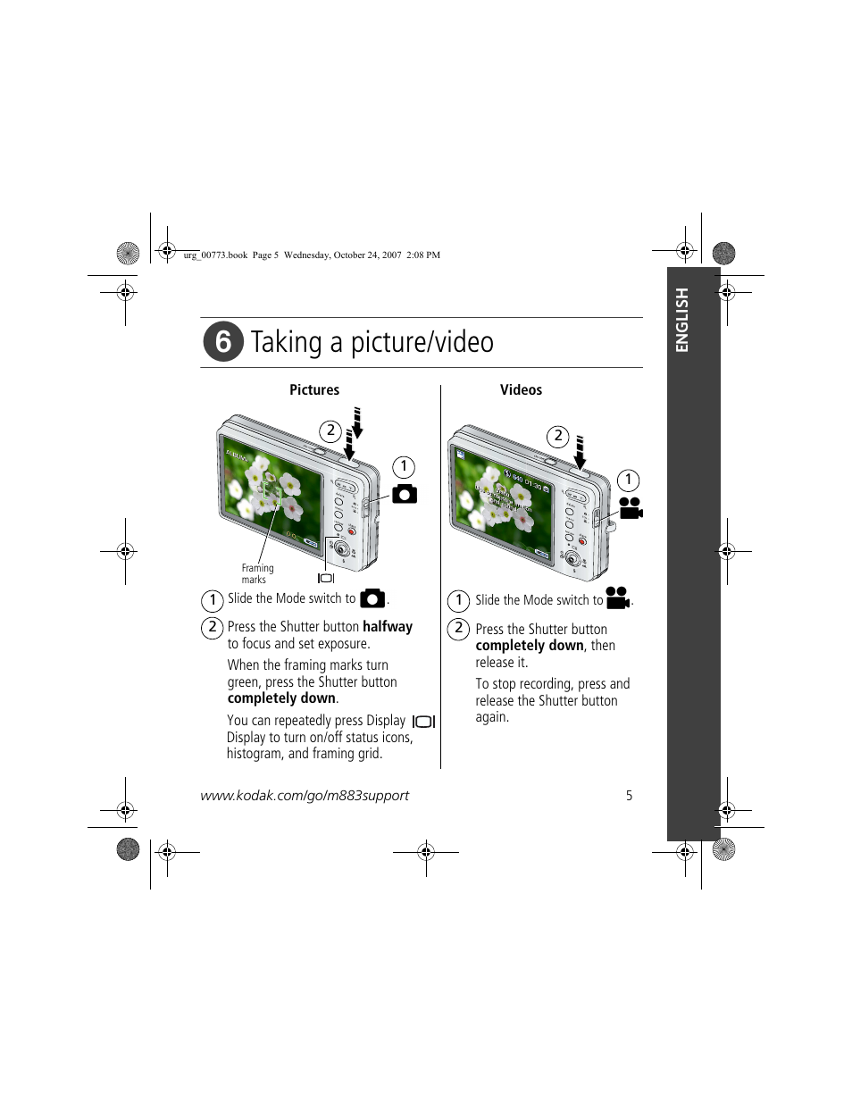 Taking a picture/video | Kodak M883 User Manual | Page 5 / 27