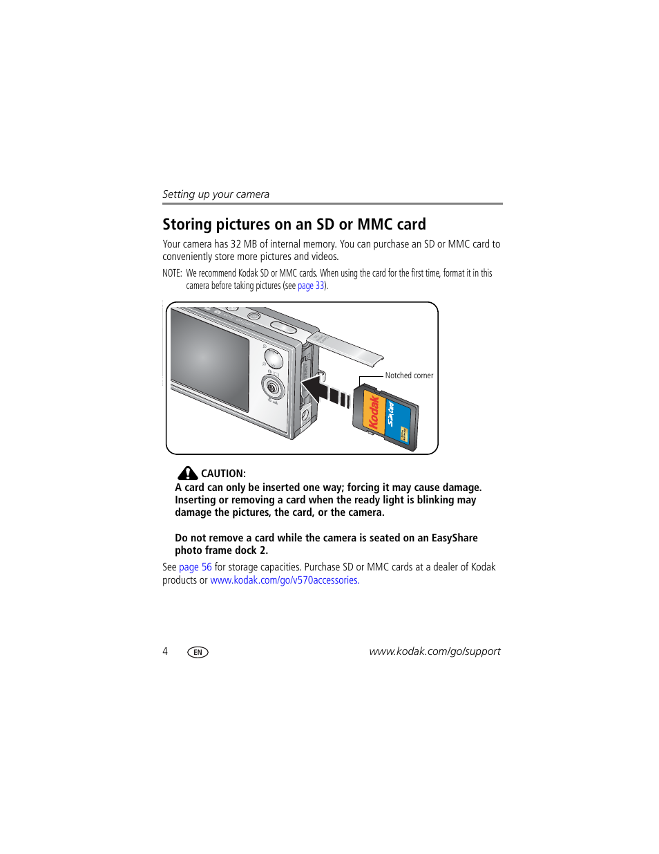 Storing pictures on an sd or mmc card | Kodak V570 User Manual | Page 10 / 75