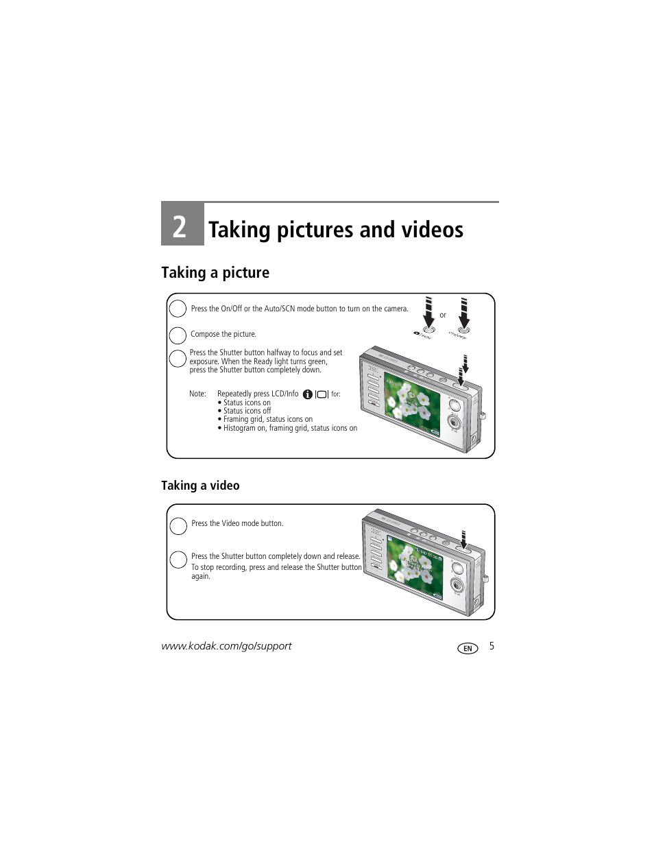 Taking pictures and videos, Taking a picture, Taking a video | 2 taking pictures and videos | Kodak V570 User Manual | Page 11 / 75