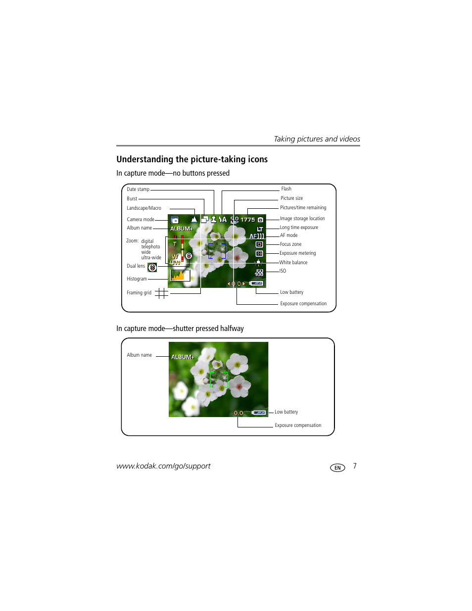 Understanding the picture-taking icons | Kodak V570 User Manual | Page 13 / 75