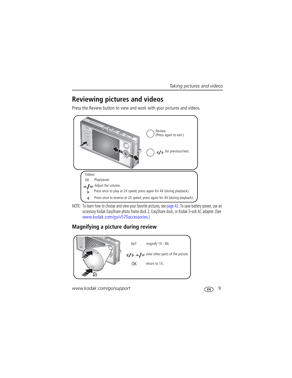 Magnifying a picture during review, Reviewing pictures and videos | Kodak V570 User Manual | Page 15 / 75