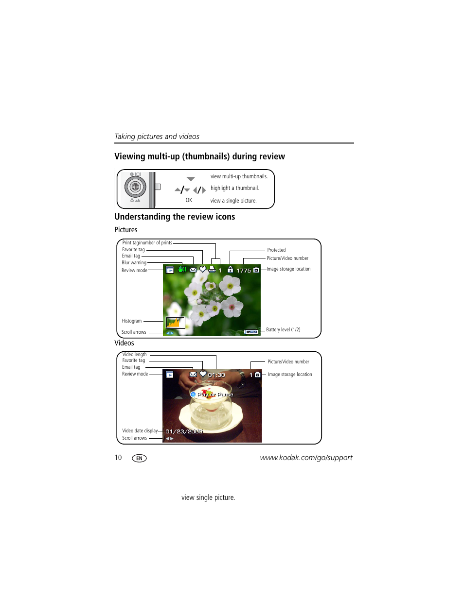 Viewing multi-up (thumbnails) during review, Understanding the review icons | Kodak V570 User Manual | Page 16 / 75