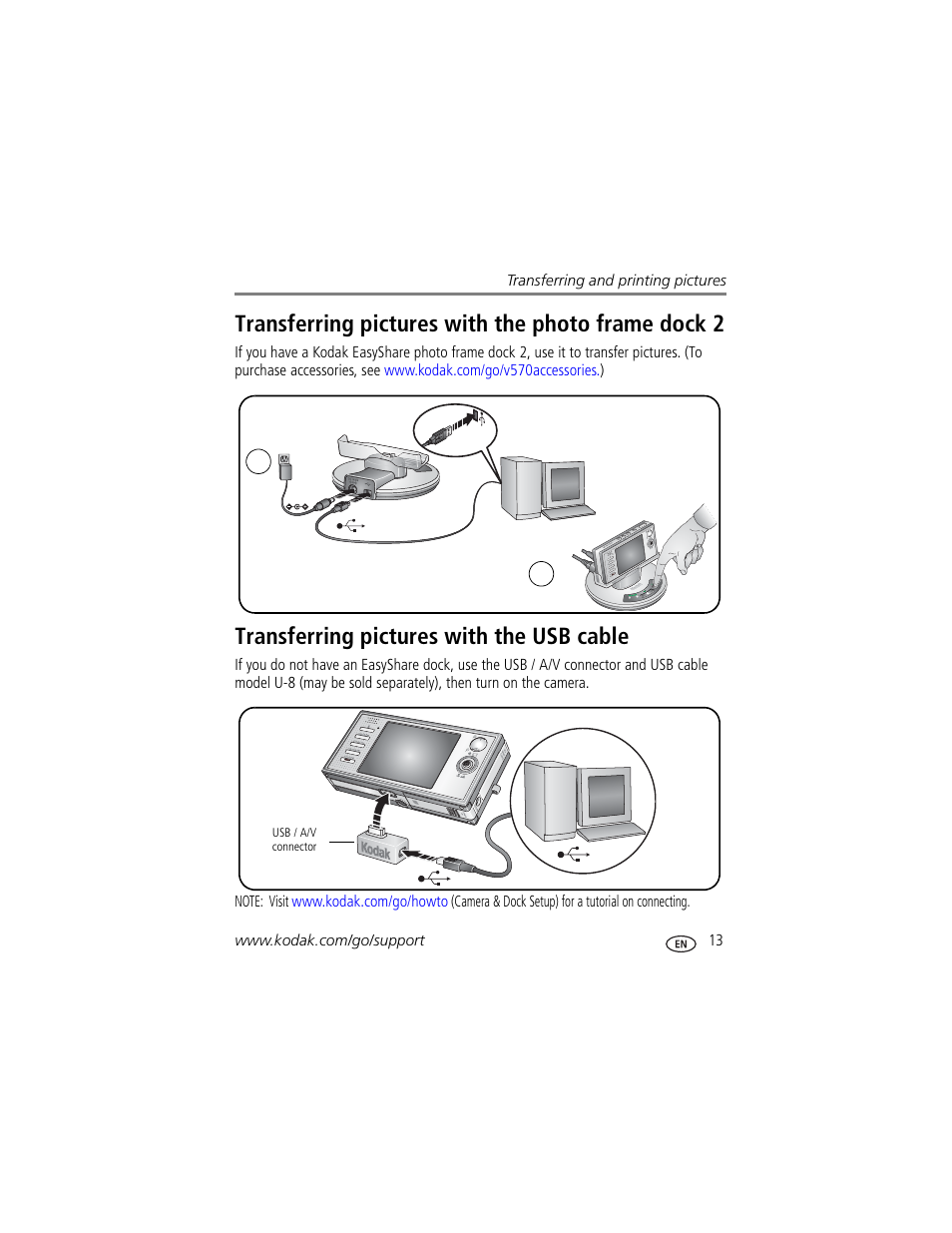 Transferring pictures with the usb cable, Transferring pictures with the photo frame dock 2 | Kodak V570 User Manual | Page 19 / 75