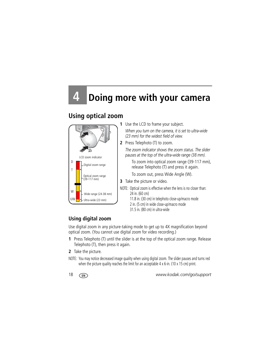 Doing more with your camera, Using optical zoom, Using digital zoom | 4 doing more with your camera | Kodak V570 User Manual | Page 24 / 75