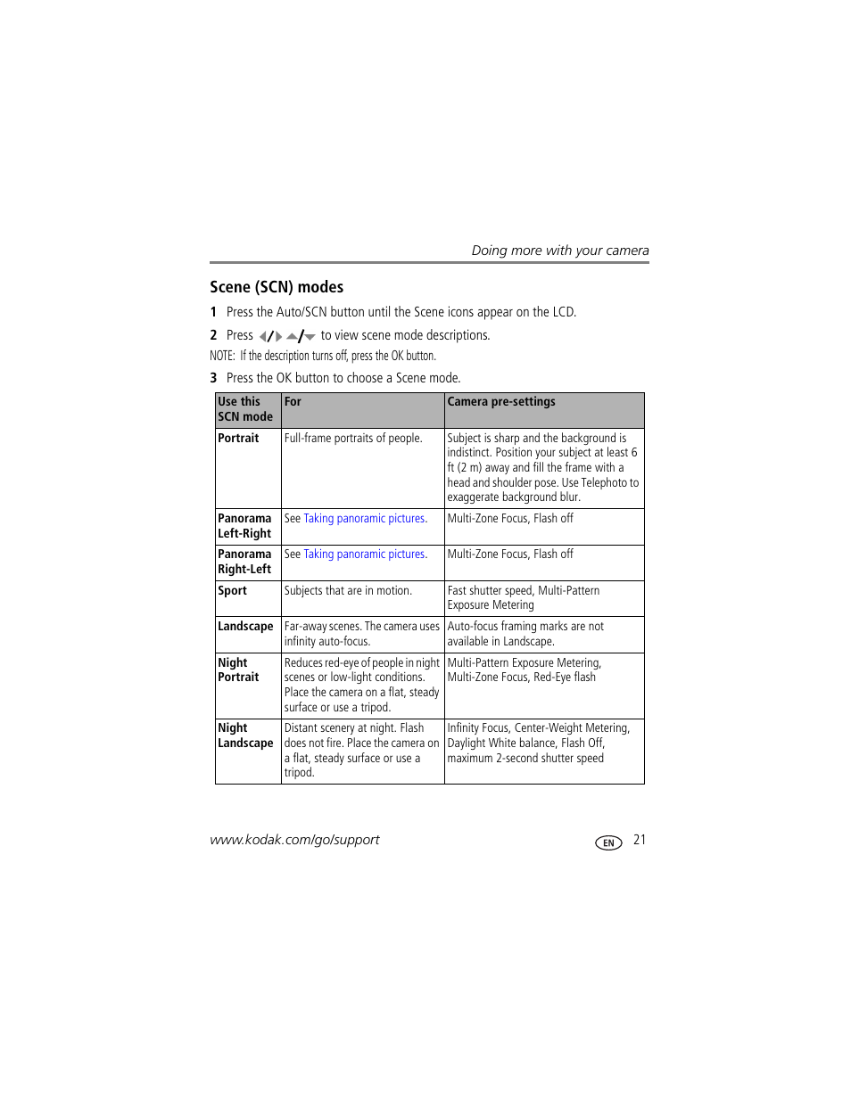 Scene (scn) modes | Kodak V570 User Manual | Page 27 / 75