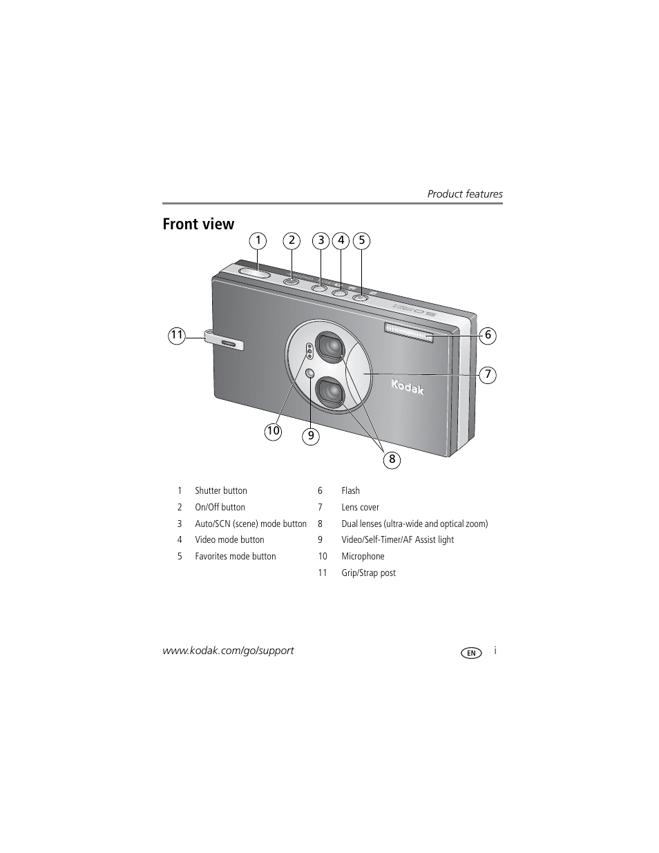 Product features, Front view | Kodak V570 User Manual | Page 3 / 75