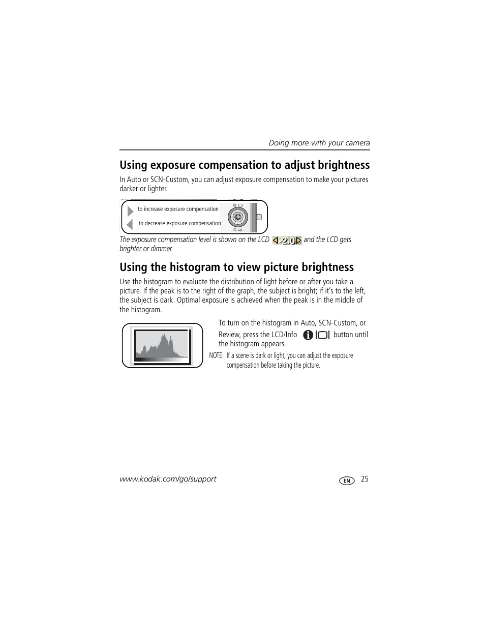 Using the histogram to view picture brightness, Using exposure compensation to adjust brightness | Kodak V570 User Manual | Page 31 / 75