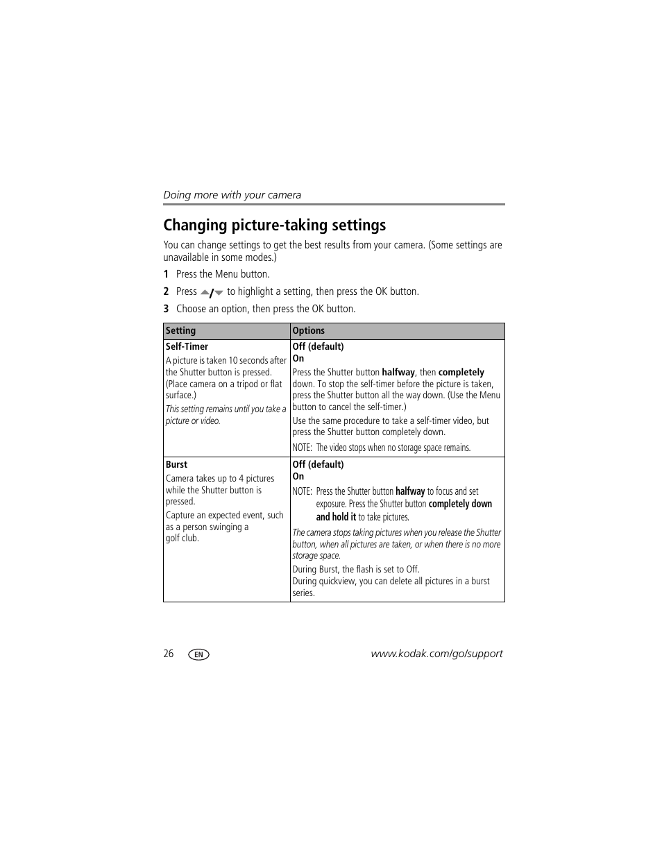 Changing picture-taking settings | Kodak V570 User Manual | Page 32 / 75