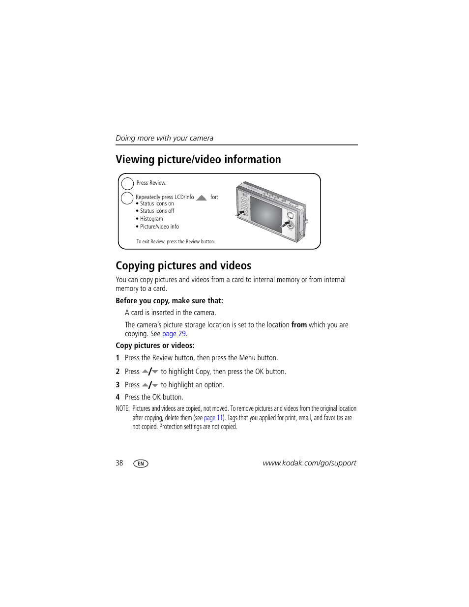 Copying pictures and videos | Kodak V570 User Manual | Page 44 / 75