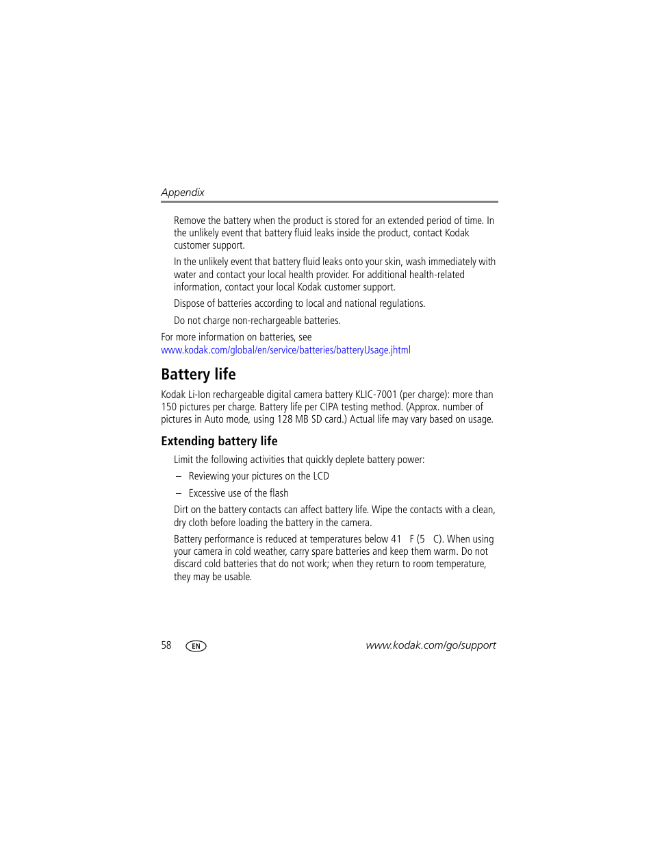 Battery life, Extending battery life, Alled | Kodak V570 User Manual | Page 64 / 75