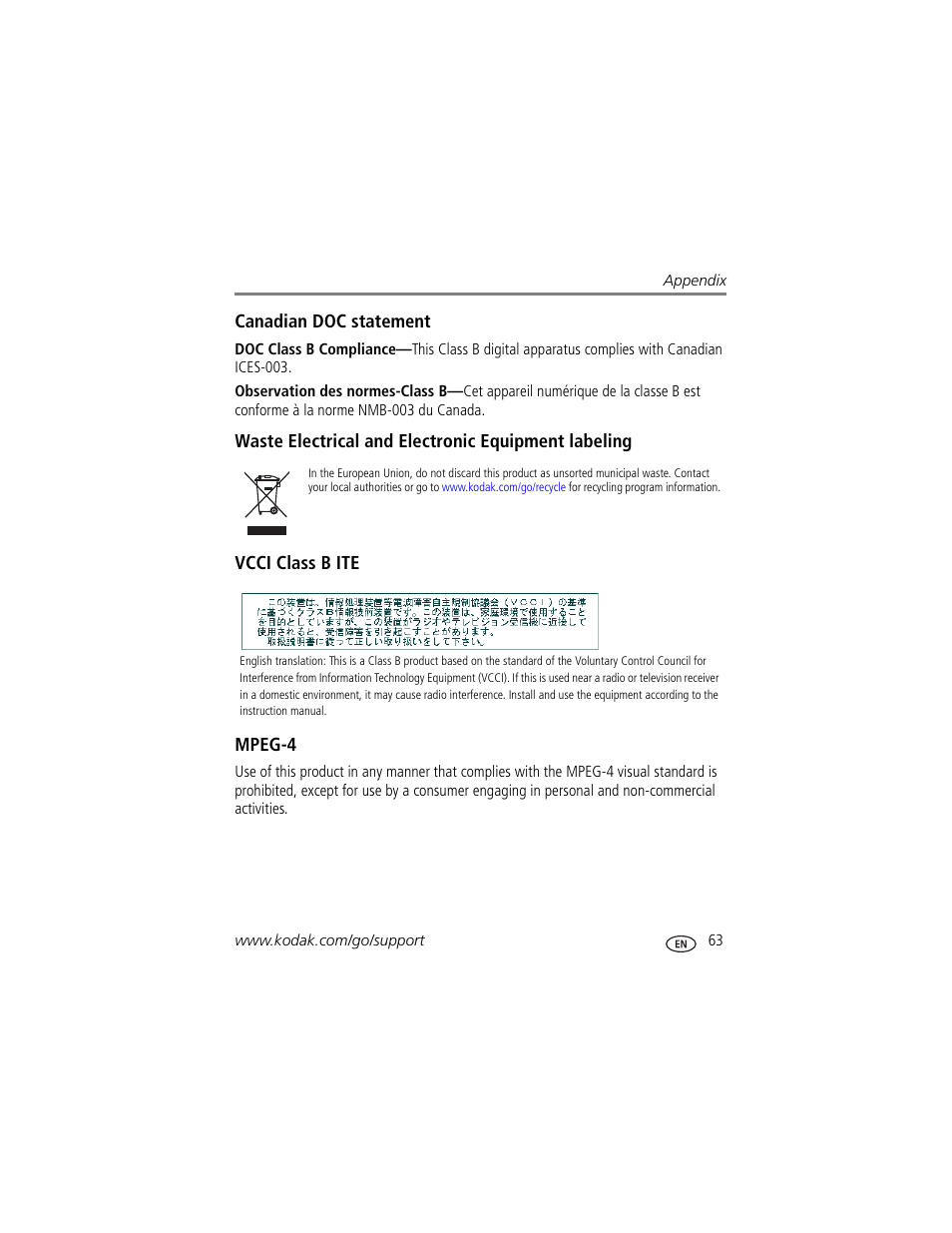 Waste electrical and electronic equipment labeling, Vcci class b ite, Mpeg-4 | Kodak V570 User Manual | Page 69 / 75