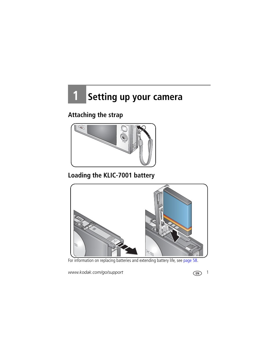 Setting up your camera, Attaching the strap, Loading the klic-7001 battery | 1 setting up your camera, Attaching the strap loading the klic-7001 battery | Kodak V570 User Manual | Page 7 / 75