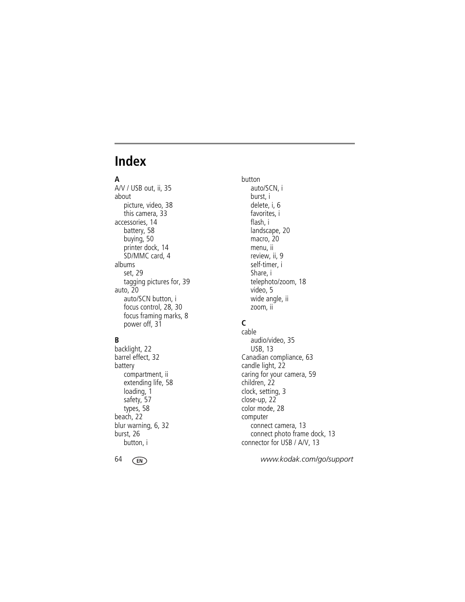 Index | Kodak V570 User Manual | Page 70 / 75