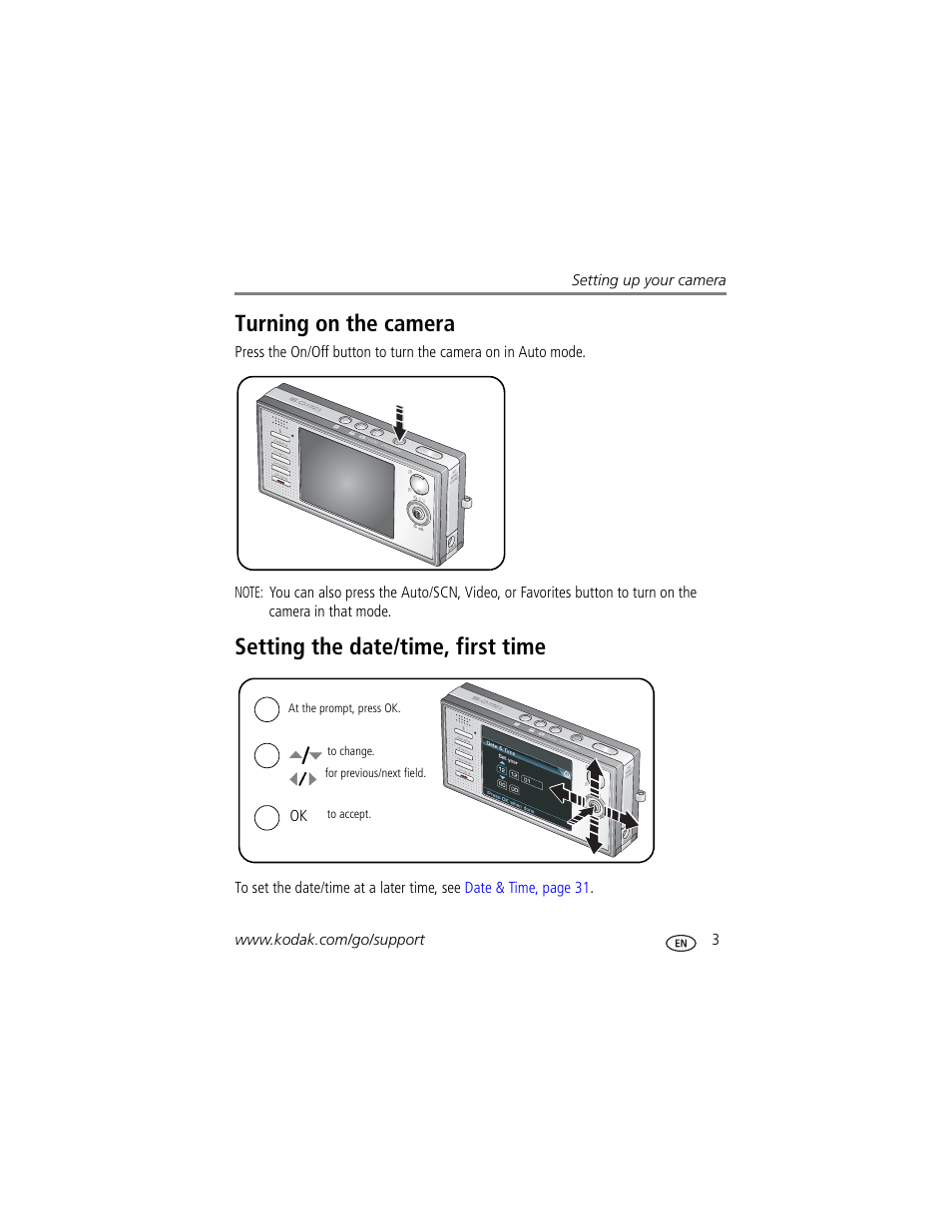 Setting the date/time, first time, Turning on the camera | Kodak V570 User Manual | Page 9 / 75