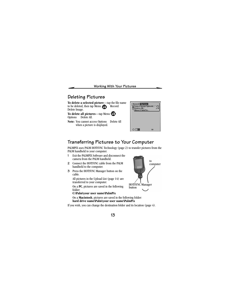 Deleting pictures, Transferring pictures to your computer | Kodak PALM m100 User Manual | Page 15 / 31