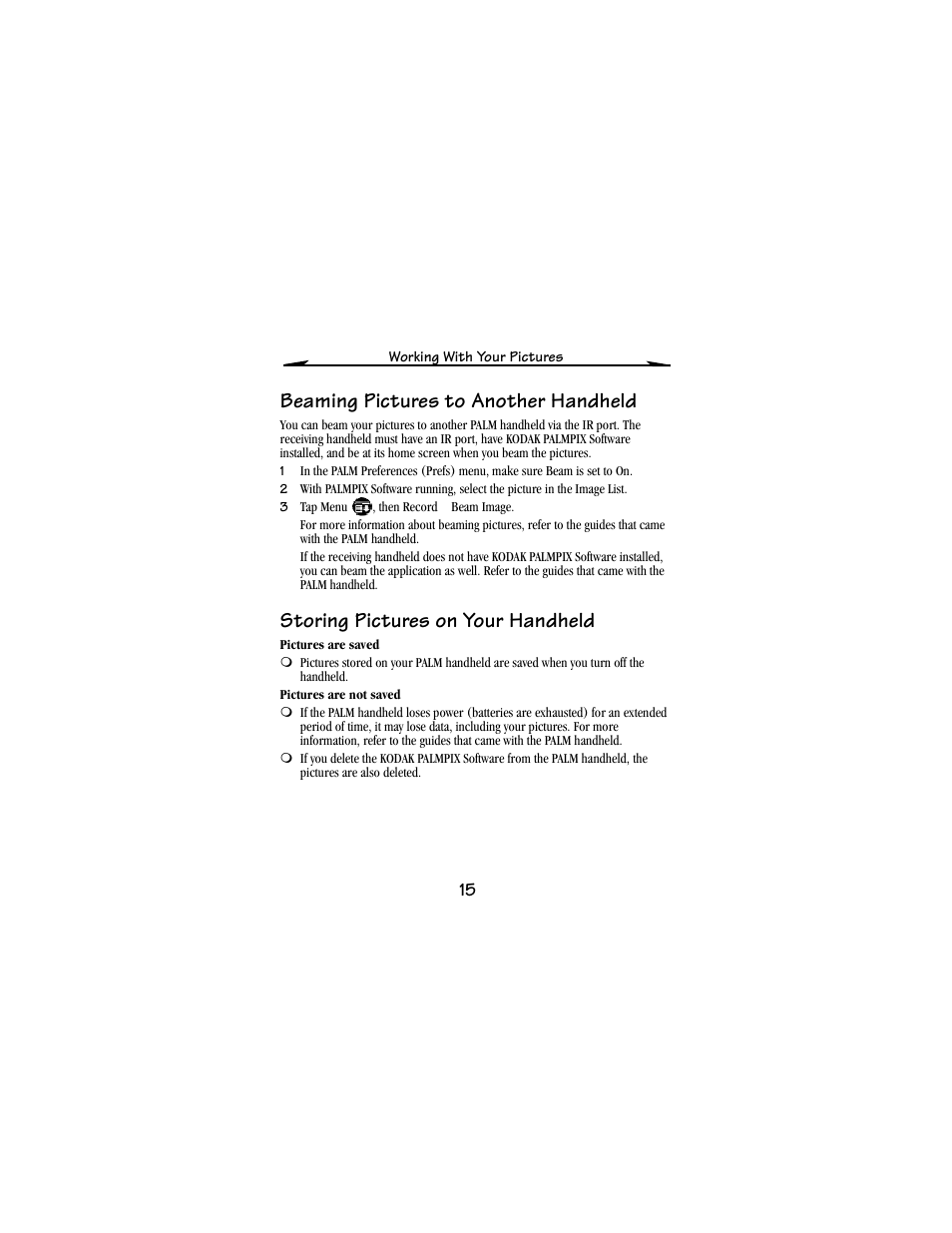 Beaming pictures to another handheld, Storing pictures on your handheld | Kodak PALM m100 User Manual | Page 17 / 31