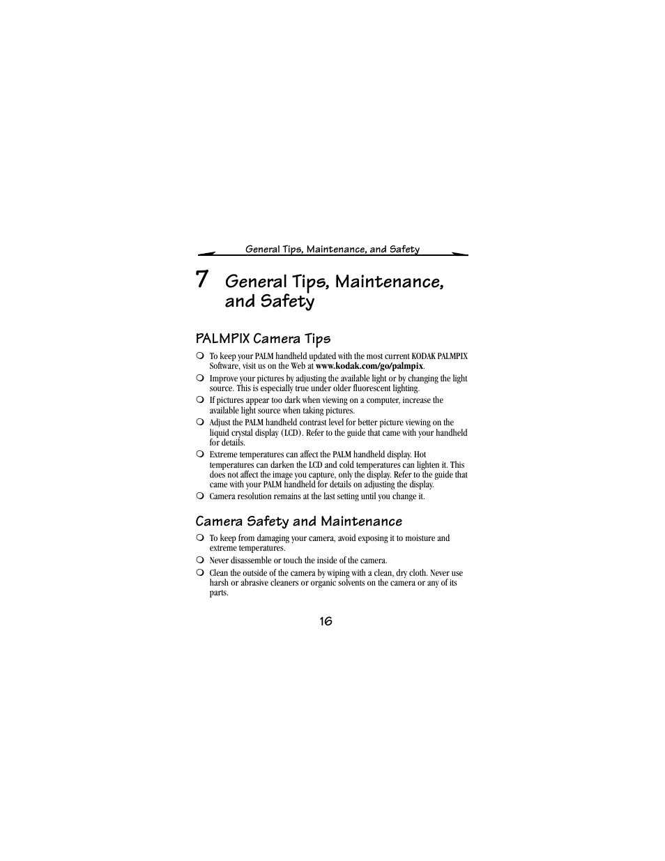 7 general tips, maintenance, and safety, Palmpix camera tips, Camera safety and maintenance | General tips, maintenance, and safety | Kodak PALM m100 User Manual | Page 18 / 31