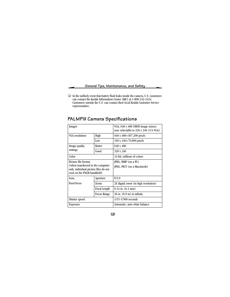 Palmpix camera specifications | Kodak PALM m100 User Manual | Page 20 / 31