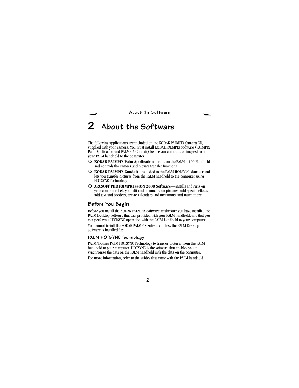 2 about the software, Before you begin, Palm hotsync technology | About the software | Kodak PALM m100 User Manual | Page 4 / 31