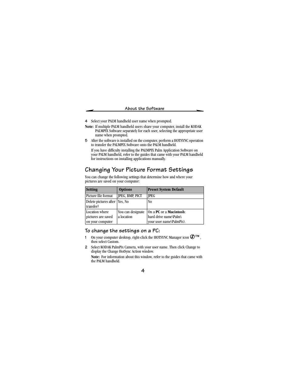 Changing your picture format settings, To change the settings on a pc | Kodak PALM m100 User Manual | Page 6 / 31