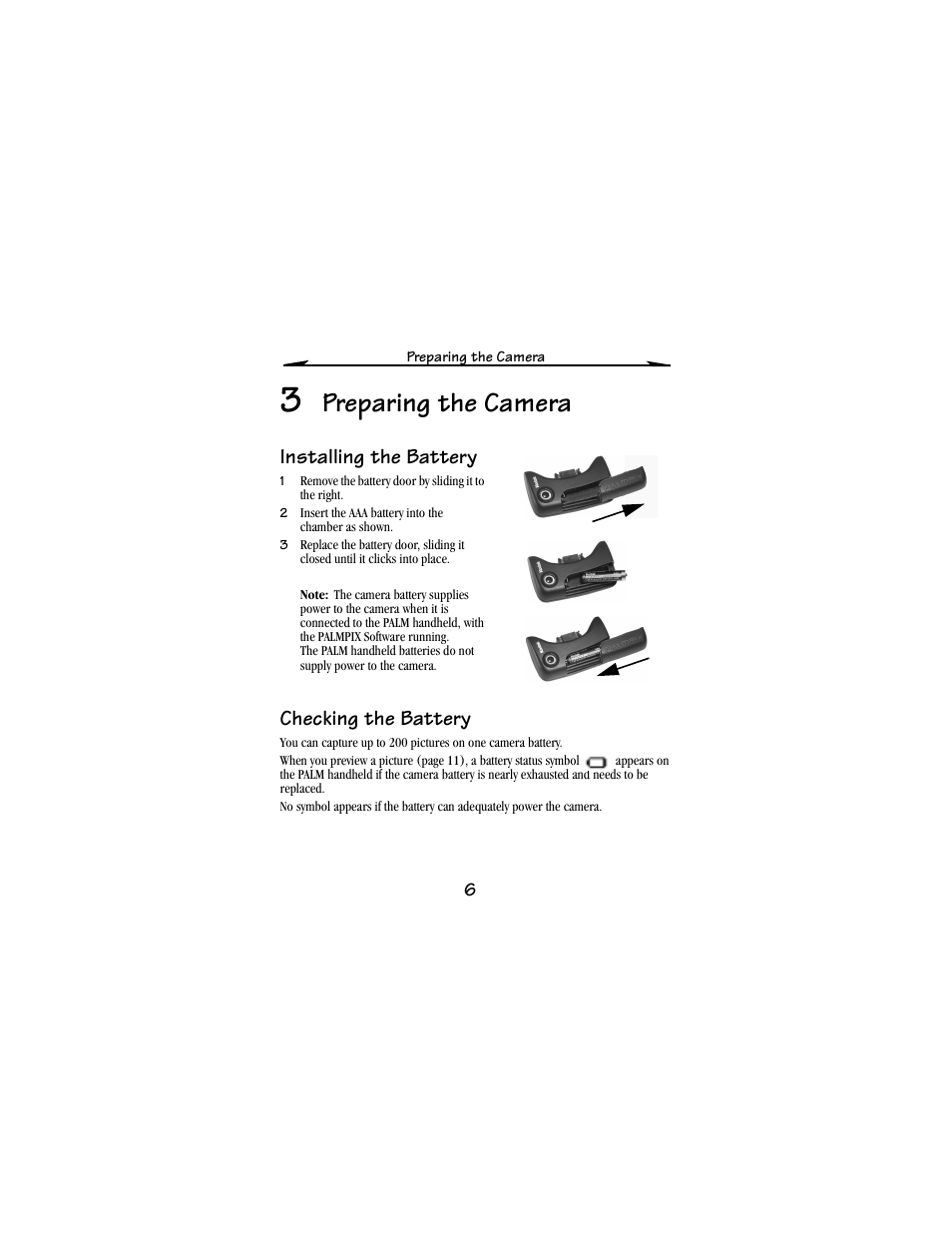 3 preparing the camera, Installing the battery, Checking the battery | Preparing the camera | Kodak PALM m100 User Manual | Page 8 / 31