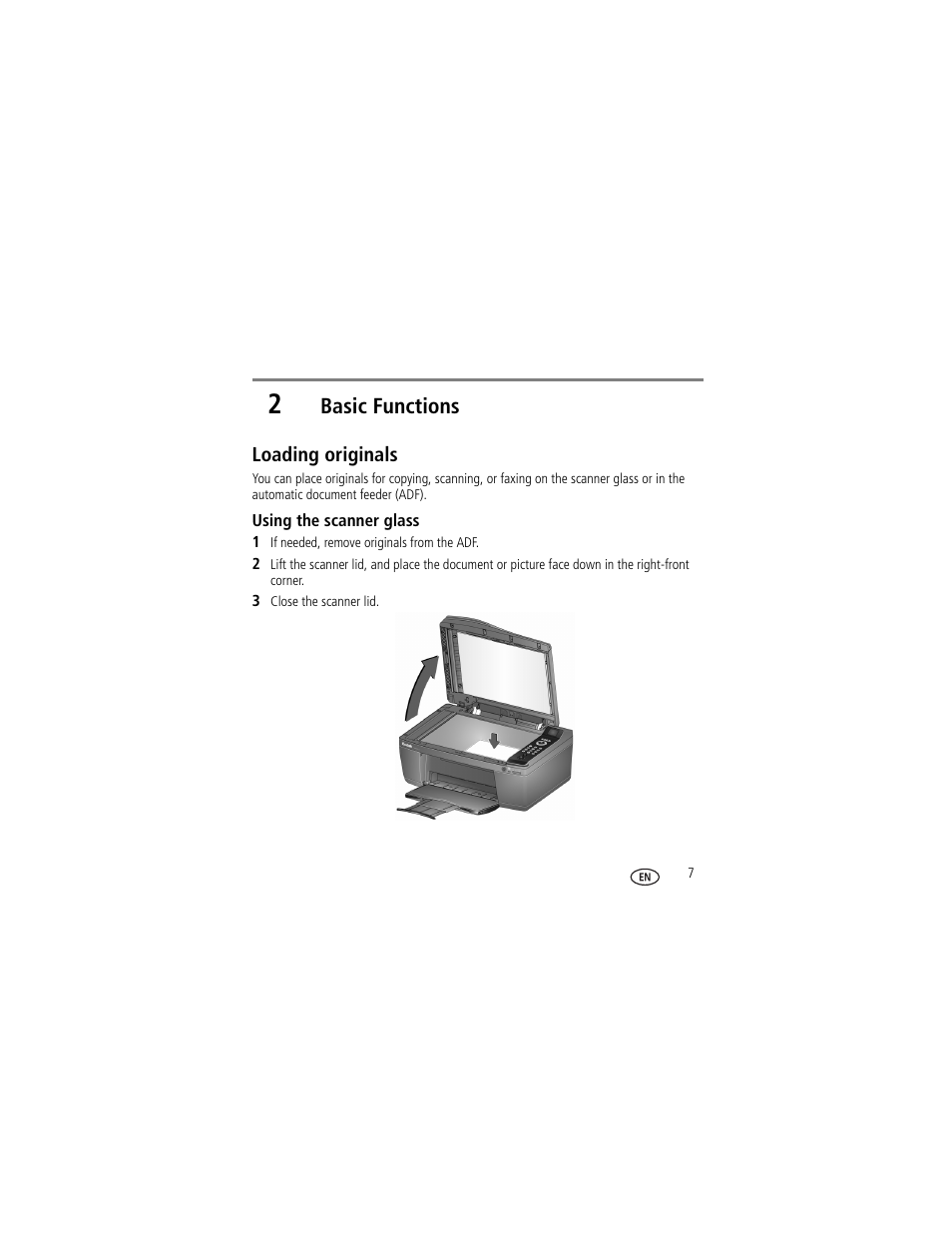 2 basic functions, Loading originals, Using the scanner glass | Basic functions | Kodak HERO 2.2 User Manual | Page 7 / 17